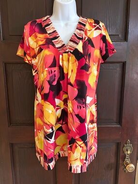 Alfani Floral V-Neck Tunic in Red, Yellow and Black